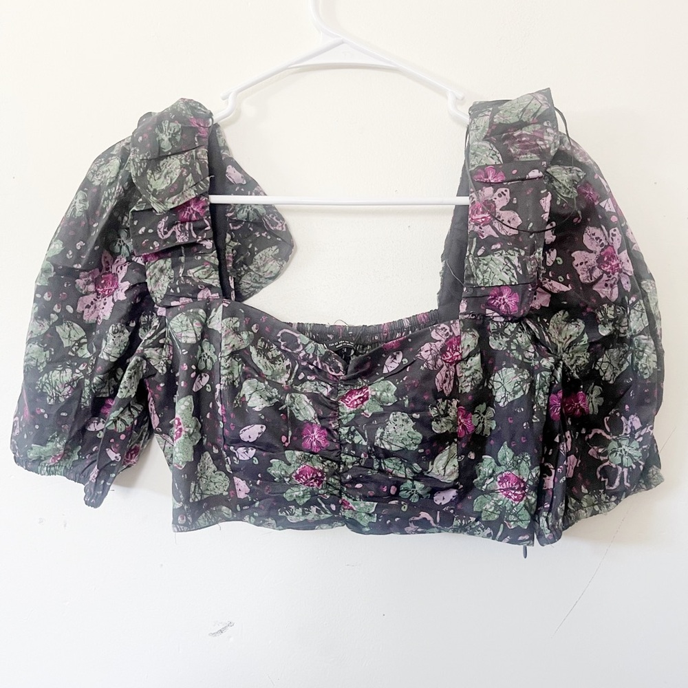 NWT Zara Purple & Green Floral Printed Black Front Cinched Bubble Sleeve Top